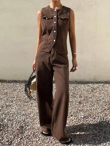 Livesso 女士棕色圆领无袖修身上衣搭配宽松阔腿牛仔裤套装，夏季度假装 - 棕色 - 查看 7