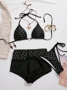 Swim Mod Bộ bikini 3 mảnh cổ yếm chấm bi mùa xuân/hè 26SS dành cho bãi biển, kèm quần short. - Đen và trắng - Xem 7