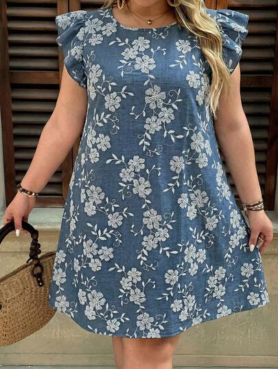 Comfylo Vestido holgado con bordado floral y volantes en las mangas para mujeres de talla grande, conjunto de atuendos para festivales, vestidos de playa, atuendos de vacaciones, vestidos de verano para mujeres, vestidos casuales para el Día de la Madre, vestidos de verano para mujeres, vestidos de vacaciones para mujeres