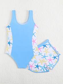 SHEIN 女童椰树印花拼接纯色连体泳衣，搭配椰树印花泳裤，适合夏季、冲浪、海滩、度假、游泳池等场合。 - 彩色 - 查看 2