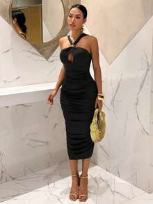 Slaydiva Đầm midi màu tím đỏ gợi cảm, cổ yếm, khoét rỗng, đính kim loại, xếp ly dành cho nữ - màu đen - Xem 5