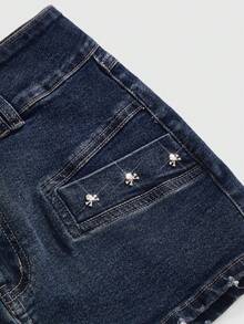 ROMWE Grunge Punk Vintage Distressed Skull Studded Low Waist Sexy Denim Mini Skirt For Women - Dark Wash - View 4