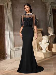 Aureia Elegant, Romantic, Fashionable Black Elastic Fabric Mesh Patchwork Rhinestone Decor Fishtail Hem Dress, Suitable For Elegant Party, Wedding Guest Attire, Formal Evening Gown - Black - View 7