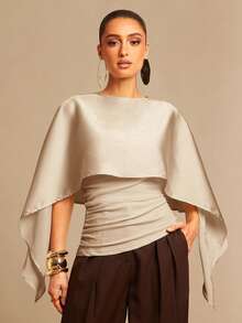 Silquee Áo choàng Poncho thời trang thanh lịch, màu trơn, xếp ly dành cho nữ - Màu be - Xem 1