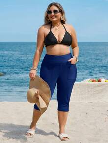 Swim Lushoire Costumi da bagno minimalisti di colore unito per taglie forti, completi capri per taglie forti con tasche, pantaloni capri con tasche per donne, pantaloni 3/4 con tasche per donne - Blu reale - Visualizzare 4