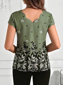 SHEIN Clasi Ruffle Collar Printed Short Sleeve Shirt,Summer Top - Green - View 2