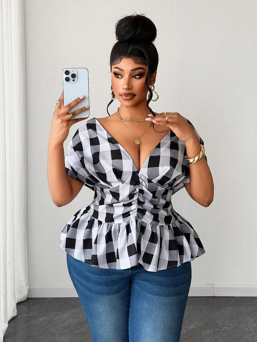 Maweii Plus Size Kortärmad Rutig Avslappnad Pendlareblus - Svart - Visa 1