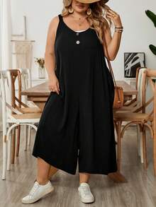 SHEIN CURVE+ 大码女式纯色褶皱休闲连体裤阔腿裤 - 黑色 - 查看 9
