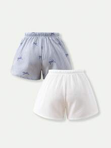 Casuvi Kids 2件套少女休闲条纹宽松短裤，适合春夏海滩、度假、居家穿着 - 藍白色 - 查看 2