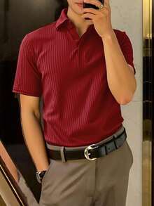 JOLTRO Camisa polo de hombre de unicolor acanalada, de manga corta casual para el verano - Rojo - Ver 3