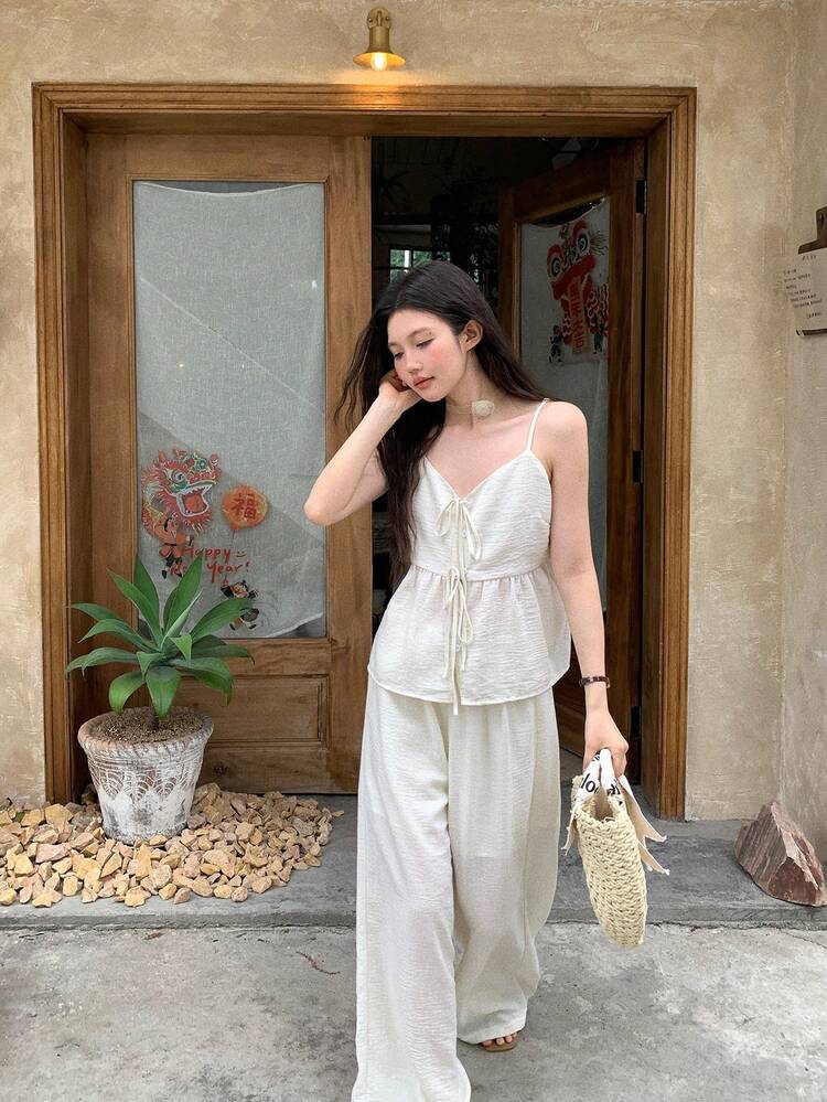 Women's Casual Korean Style Camisole Shirt And Long Pants 2 Pieces Set