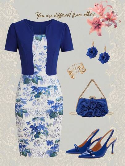 Ellevyn Đầm dài đến đầu gối phối họa tiết hoa thanh lịch dành cho nữ, kiểu dáng nghỉ mát, mùa hè.