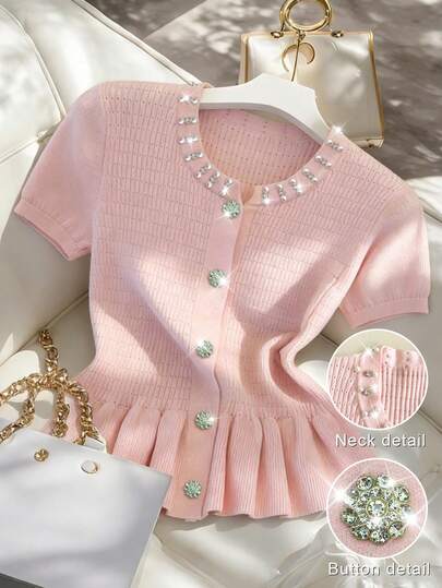 Franclia Cárdigan de punto regular con cuello redondo, mangas cortas, ajustado, con botones de perlas decorativos, cierre sencillo y dobladillo con volantes, de unicolor, elegante y versátil para uso diario, talla grande, para primavera/verano