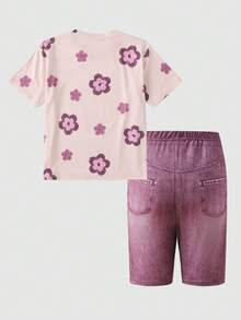 SHEIN Explorewe Bộ 2 món cho bé gái tuổi teen, gồm áo thun tay ngắn dáng rộng in họa tiết hoa cổ điển và quần short bó sát, trang phục mùa hè. - Nhiều màu - Xem 2