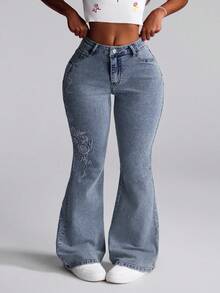 Selenza Quần jeans ống loe nữ, kiểu dáng thường ngày, thêu hoa, đã qua xử lý giặt. - Màu xanh lam - Xem 5