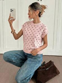 Siren Gaze Women's Polka Dot Pattern Round Neck Short Sleeve Casual Knit Top - Pink - View 5