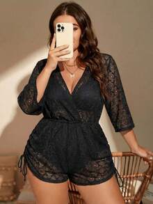 SHEIN Swim 大码女式V领裹身连体衣 - 黑色 - 查看 4
