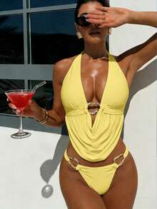 Bonvoyette 女士深V领黑色休闲沙滩度假上衣和纯色高腰比基尼泳裤两件套泳衣套装，夏季 - 鵝黃色 - 查看 1