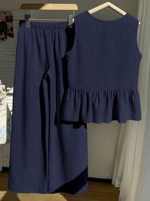 Sparklyn Conjunto de top sin mangas con volantes en el bajo y pantalones de pierna ancha de unicolor para niña preadolescente, ideal para primavera/verano, vacaciones y uso diario - Azul Marino - Ver 2