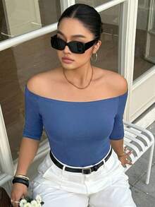 Dazy Plus Plus Size Summer Minimalist Off-Shoulder Solid Color Bodycon T-Shirt - Royal Blue - View 5