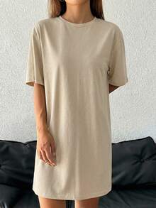 SHEIN EZwear Đầm ngắn tay cổ tròn dáng rộng thoải mái màu kaki cho nữ, thích hợp cho mùa hè. - Màu Khaki - Xem 7