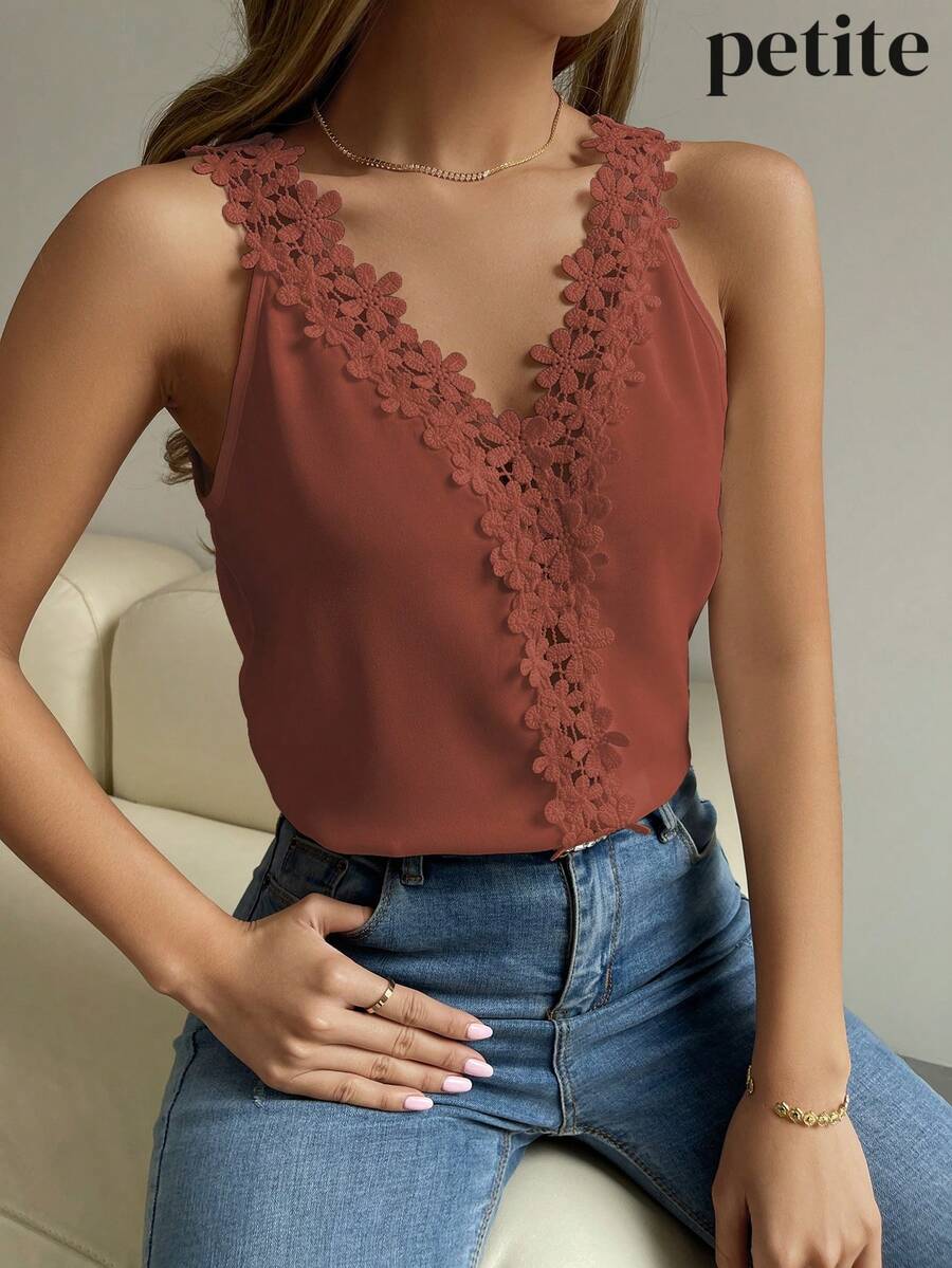 SHEIN PETITE Áo hai dây ren thời trang mùa hè dành cho nữ - Gỗ đỏ - Xem 1