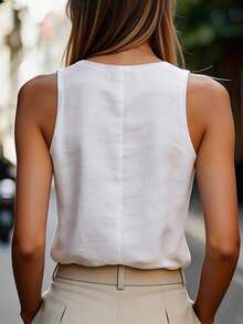 EMERY ROSE Women's Fashionable Versatile White Casual V-Neck Rhinestone Embellished White Tank Top, Summer - White - View 2