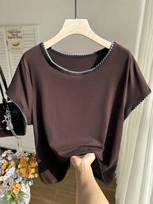 Comfortcana 大码休闲复古美式学院风撞色滚边修身短袖T恤 - 棕色 - 查看 8