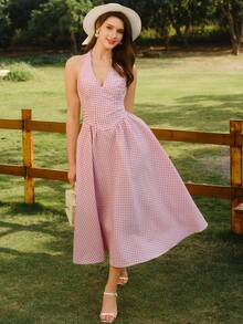 Vintamour 复古经典优雅女士连衣裙，春夏修身露背连衣裙，粉色格子喇叭裙 - 粉色 - 查看 5
