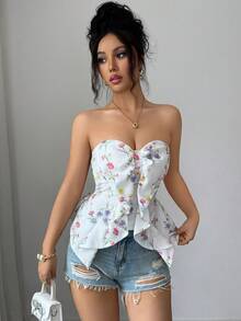 SHEIN Elenzya 女士春夏甜美性感风白色花卉印花抹胸领蝴蝶结装饰荷叶边下摆褶皱后背上衣 - 白色 - 查看 6