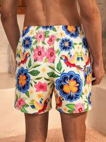 Manfinity Swimmode 男士花卉與鳥類印花抽繩休閒沙灘短褲比基尼套裝，柔和彩虹色，夏季波西米亞風，海灘度假情侶款 - 杏色 - 查看 5