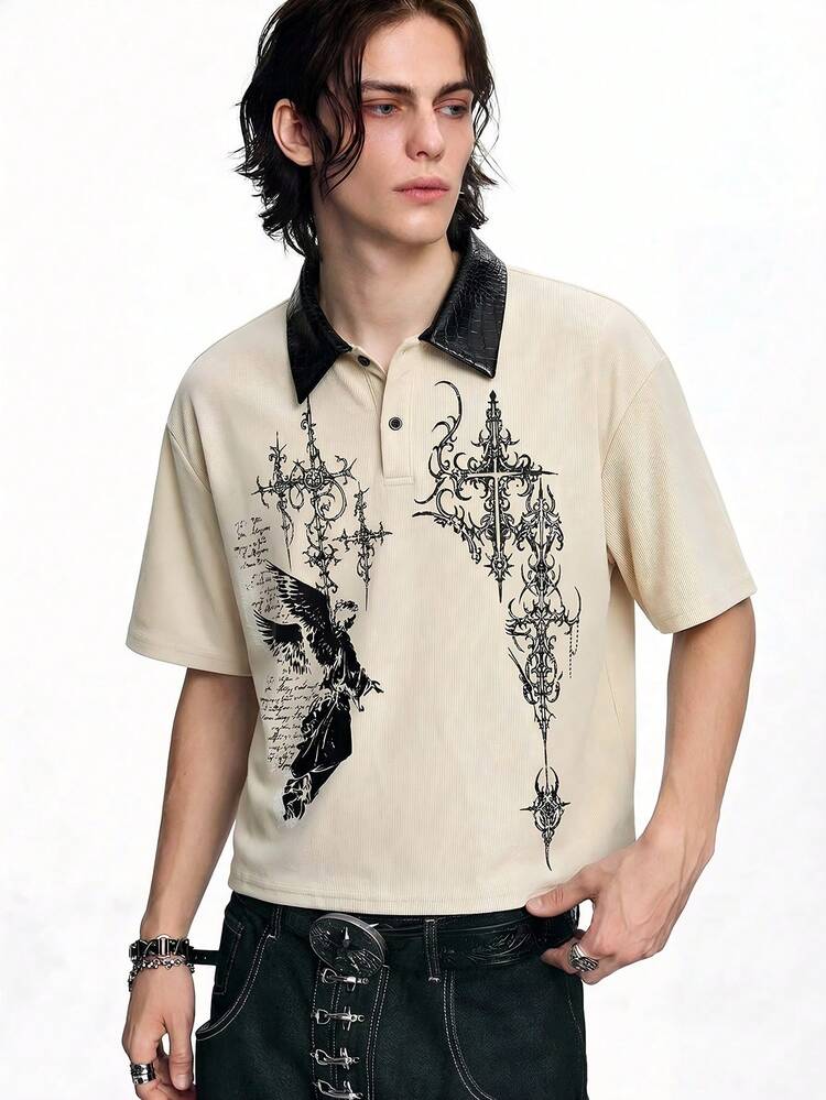 ROMWE MEN Street Life Men's Slogan Eagle Print Short Sleeve Casual Commuter Polo Shirt - Apricot - View 2