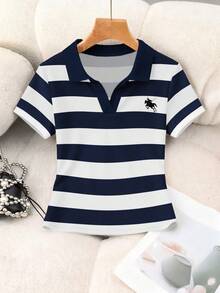 Resyla Blusa de manga corta con estampado gráfico minimalista de rayas y caballero para mujer - Blanco - Ver 4