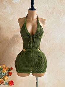 Soleia Đầm dệt kim ngắn ôm sát, hở lưng, cổ yếm dành cho nữ - Màu xanh lá cây đậm - Xem 3