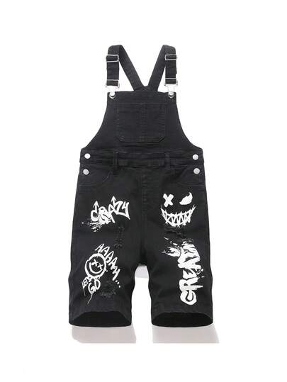 SHEIN Tween Boy Fashion Casual Y2k Vintage Cool Street Basic Simple And Comfortable Letter-Style Graffiti Pattern Black Fitted Drawstring Elastic Denim Shorts For Kids Clothes Tween Boy Dailywear And Kids Spring To Summer Rave Outfits Festival And Outfits Streetwear Clothes
