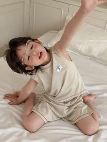 Dazy Kids 男童无袖上衣和短裤套装，轻便夏季家居服 - 杏色 - 查看 4