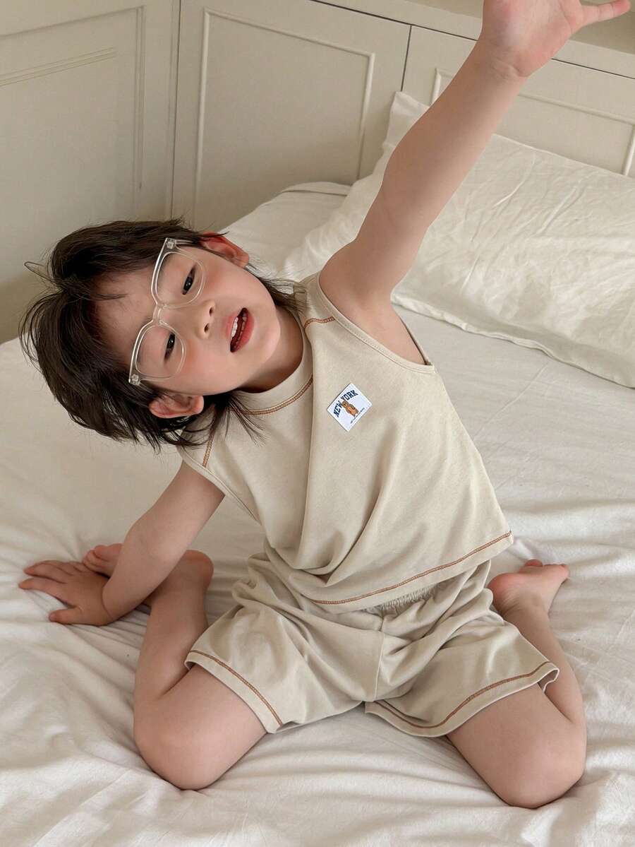 Dazy Kids Young Boy Sleeveless Top And Shorts Set, Lightweight Summer Loungewear - Apricot - View 1