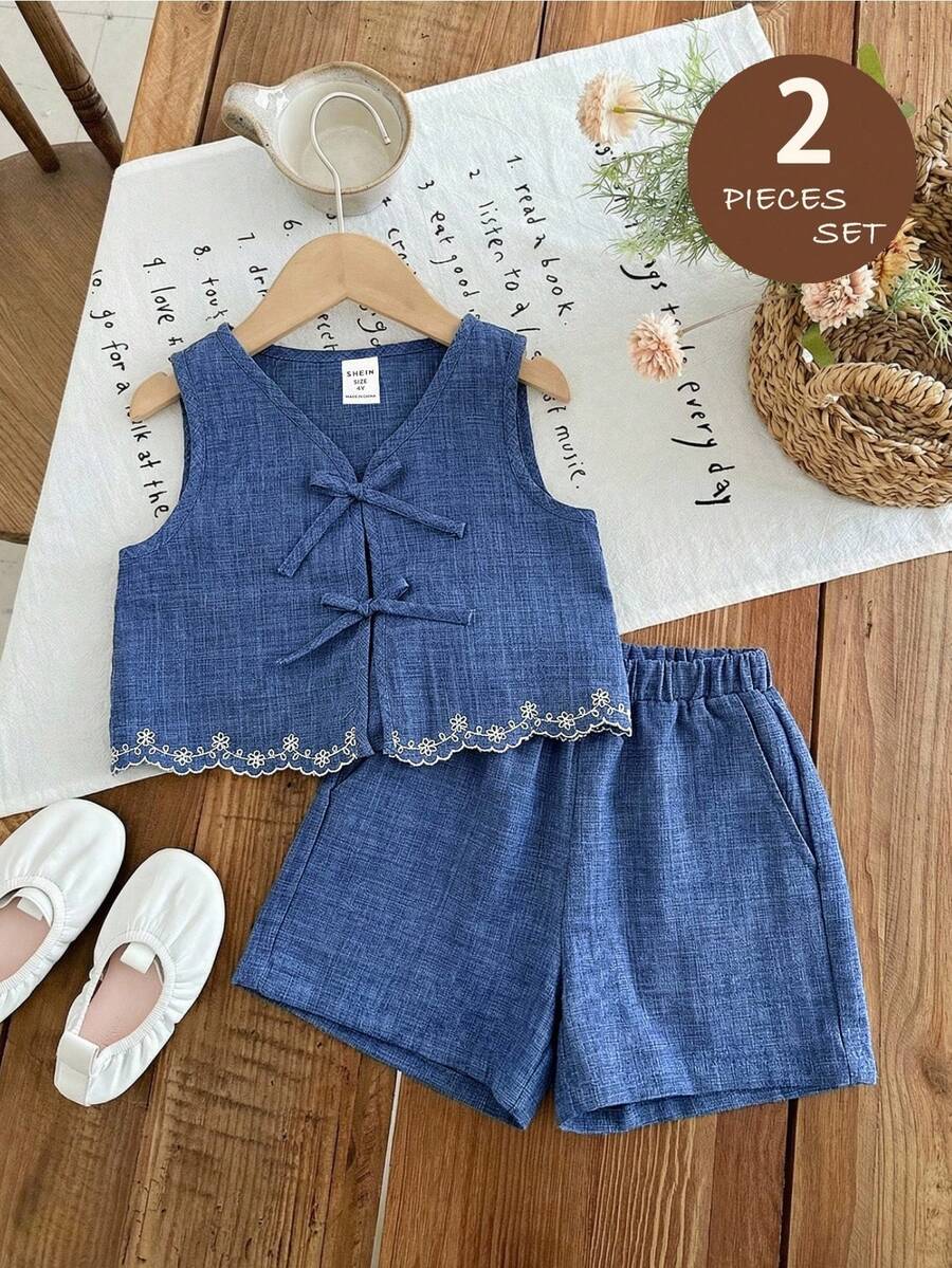 LMoss Kids LMoss 2pcs Young Girl Woven Solid Color Casual Vest And Shorts Set - Blue - View 1