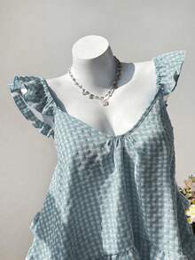 Sweetra Summer New Pink Plaid Asymmetrical Ruffle Design Fashionable Sleeveless Camisole - Baby Blue - View 5