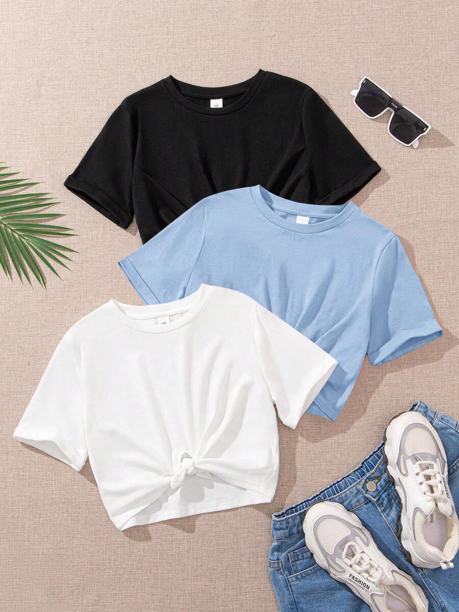 Set de 3 camisetas casuales de punto de cuello redondo ajustadas y con nudo para niñas preadolescentes de unicolor - Multicolor - Ver 1