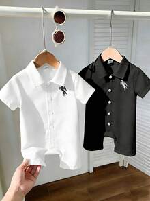 SHEIN Playful Pals 男婴纯色纹理 Polo 领短袖衬衫（带刺绣动物图案）和短裤套装，适合春夏日常穿着，百搭，夏季度假休闲装。 - 彩色 - 查看 2
