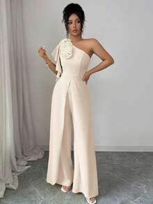 Elenzga Spring/Summer Asymmetric Ruffled Sleeveless Jumpsuit, Cinched Waist Design, Elegant Floral Decor, Chic French Style Vacation Outfit For Women - Apricot - View 4