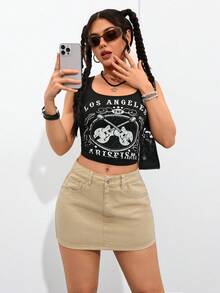 SHEIN PETITE 女款休閒日常通勤極簡純色修身牛仔迷你裙，夏季，小個女款 - 卡其色 - 查看 6