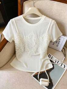 女士新款夏季轻薄透气蕾丝拼接假两件式T恤，休闲款 - 杏色 - 查看 3