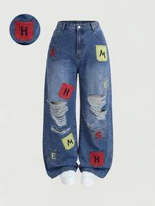 SHEIN MOD 大码女式口袋纽扣字母贴片做旧休闲百搭日常阔腿牛仔裤 - 粉色 - 查看 1