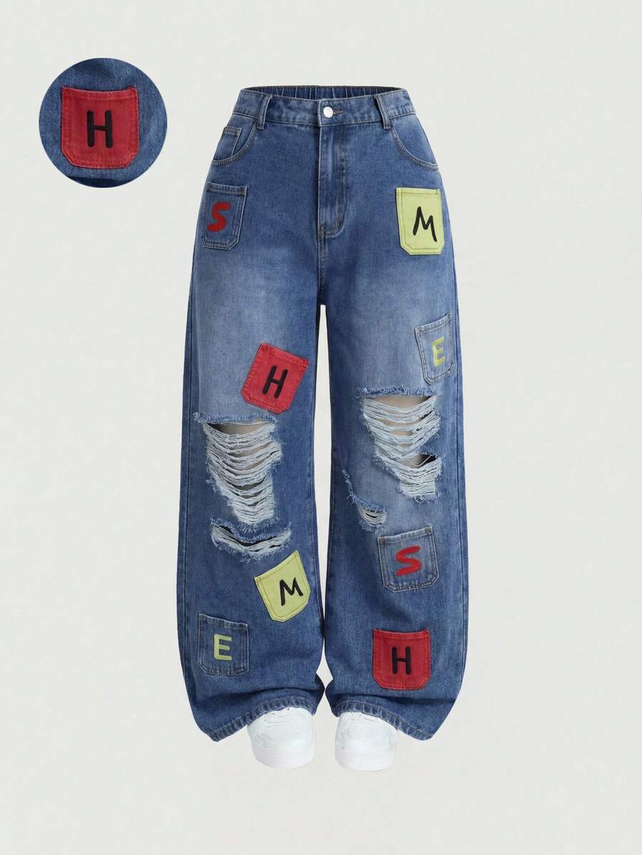 SHEIN MOD 大码女式口袋纽扣字母贴片做旧休闲百搭日常阔腿牛仔裤 - 粉色 - 查看 1