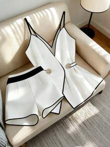 Franclia 两件套女士法式撞色吊带背心和短裤套装 - 白色 - 查看 1