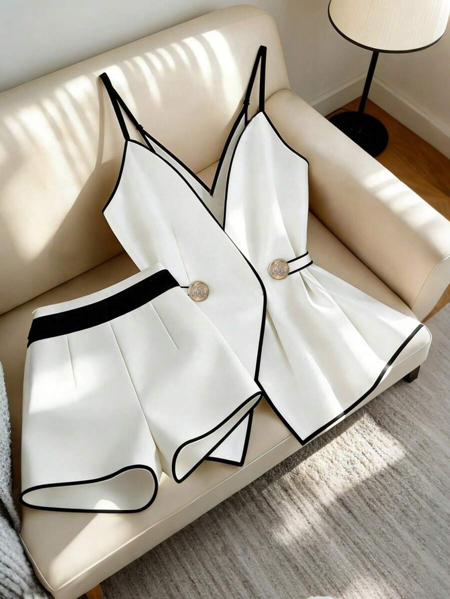 Franclia 两件套女士法式撞色吊带背心和短裤套装 - 白色 - 查看 1