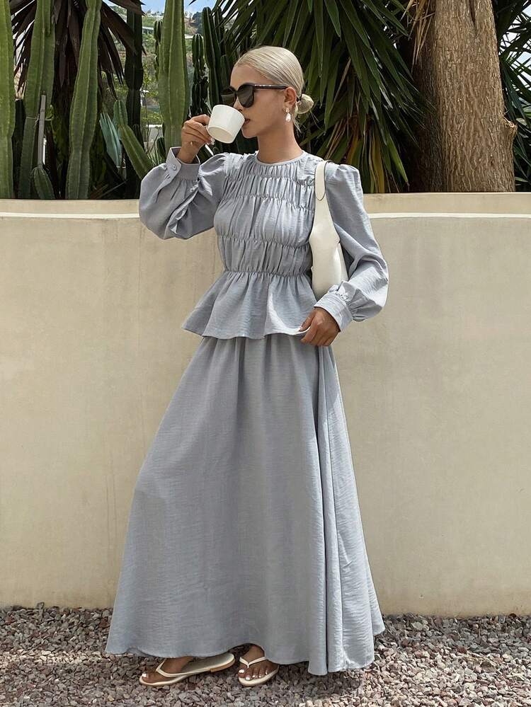 Women's Loose Casual Elegant Pullover Shirt And Long Skirt 2 Pieces Set, Spring/Summer