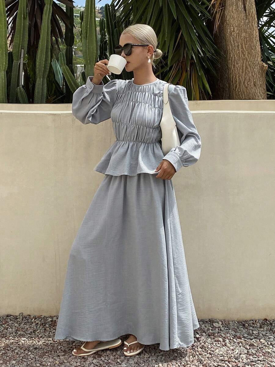 DAZY Bộ đồ nữ dáng rộng, thanh lịch gồm áo pull và chân váy dài, thích hợp cho mùa xuân/hè. - Màu be - Xem 1